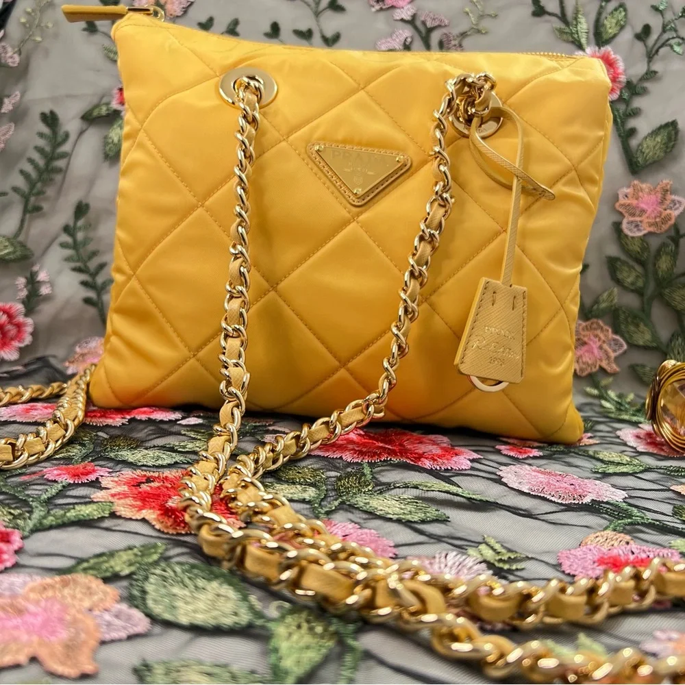 Auth PRADA Bag • Authentic PRADA 1995 Re-Edition Chain Tote in Yellow Re-Nylon